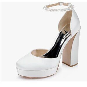 FYS White Round Toe Glaring Platform Chunky High Heel Bejeweled Ankle Strap Pump